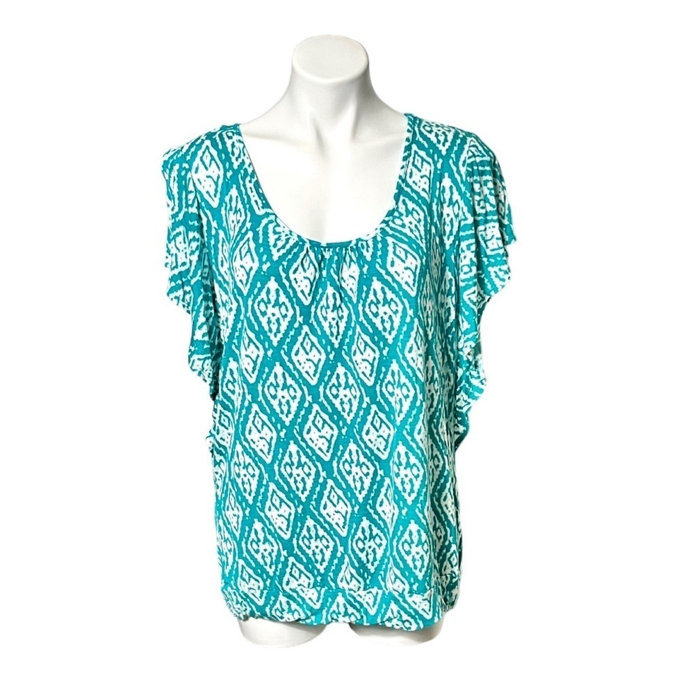 Cato Ikat Print Top Size X Large Aqua/White